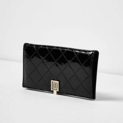 Black patent quilted slim foldover purse
